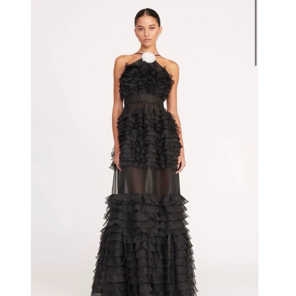 STAUD (Florian gown) Black Halter Tiered Maxi Gown